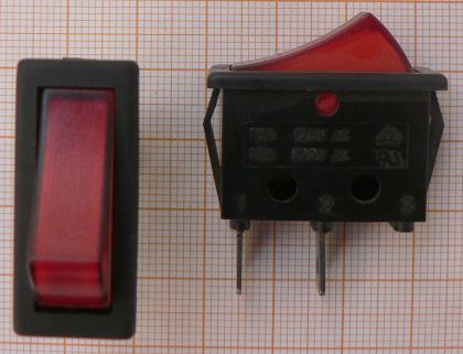 Intrerupator basculant On-(Off), tip push, negru (rosu), 1circ/2pol, 16A/250V, 30x11mm