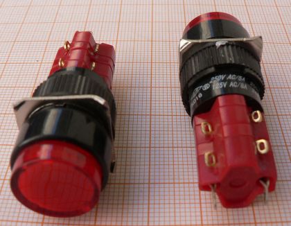 Push buton ON-ON, rosu/negru, 4circ/8pol/2poz, 3A/250V CA, gaura fi16mm, pe panou, iluminare la 12V