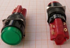 Push buton ON-ON, rosu/negru, 4circ/8pol/2poz, 3A/250V CA, gaura fi16mm, pe panou, iluminare la 220V