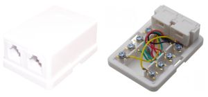 Priza telefon dubla, pe perete, 6/4 (alb)