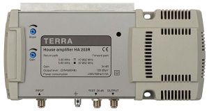 Amplificator de semnal TV CATV  1*IN-2*OUT, in banda TV 47-862 ,castig  34 db, reglabil