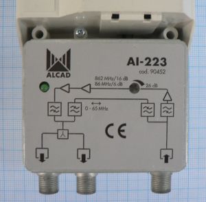 Amplificator de semnal TV CATV  1*IN-2*OUT, in banda TV 47-862 ,castig 25dbi, cu cale inversa