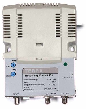 Amplificator de semnal TV CATV SAT  1*IN-2*OUT, in banda TV 47-862 ,castig max 34dbi, pentru cladiri