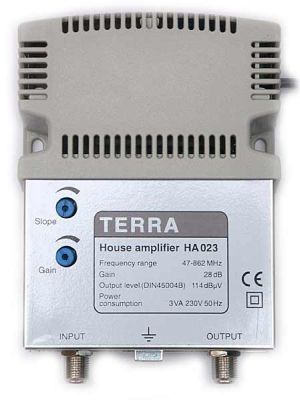 Amplificator de semnal TV CATV 1*IN-1*OUT, in banda TV 47-862 ,castig 28 dB, pentru cladiri